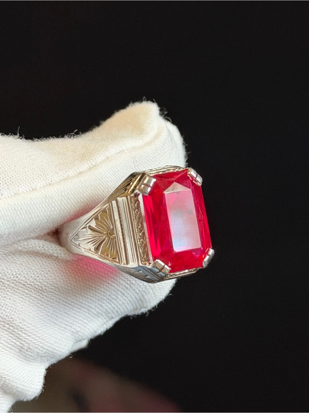 Vintage Ostby & Barton Art Deco 10K White Gold Ring with Emerald-Cut Ruby Stone